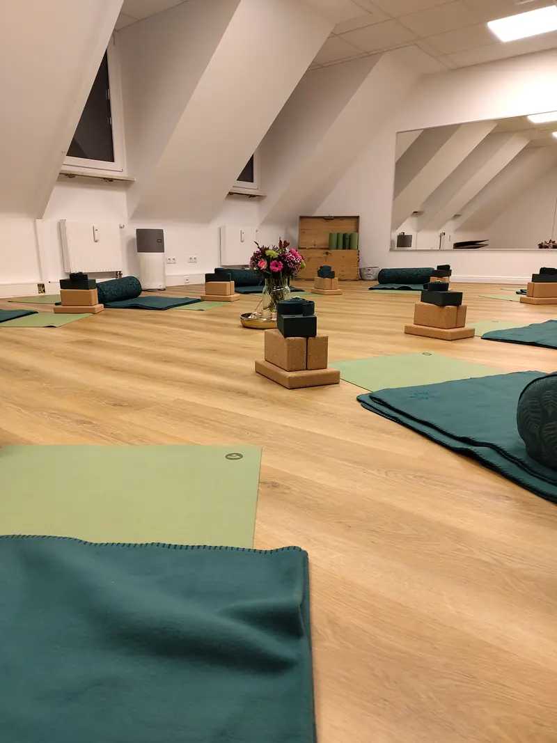 Course room in the evening with mats and cushions laid out