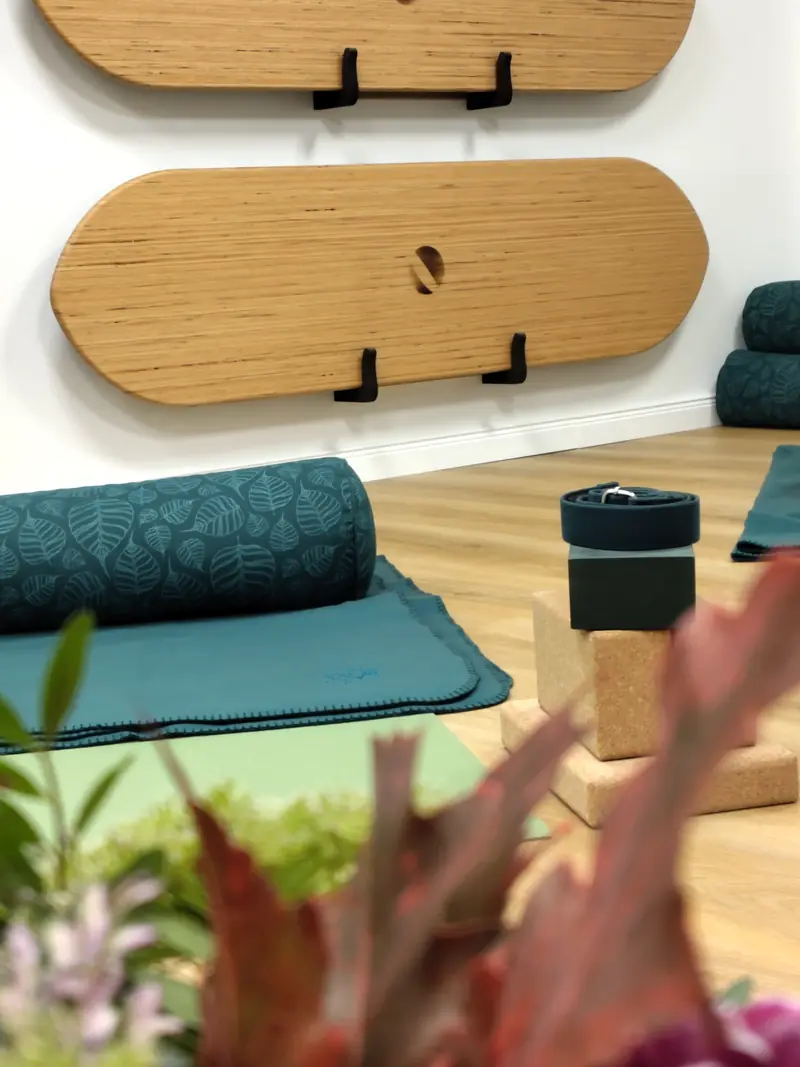 Wooden balance boards on the wall of the course room